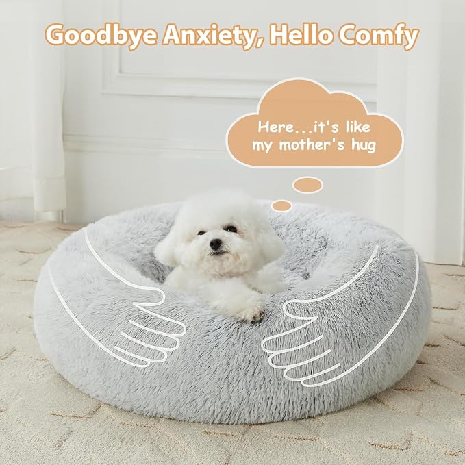 WNPETHOME Donut Dog Beds Large Sized Dog,Anti-Anxiety Caming Large Pet Bed,Fluffy Faux Fur Plush Puppy Bed，Warming Cozy Soft Round Bed for Pet, Cat Cuddler Cushion