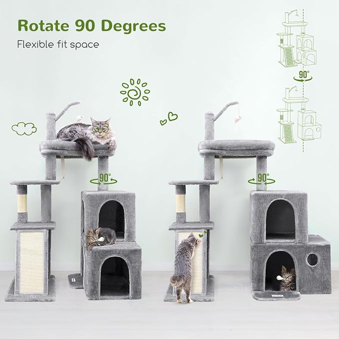 Globlazer Cat Tower for Indoor Adult Cats, 50-inch Heavy Duty Cat Tree House for Big Cats with Extra-Large Padded Platform, Sisal Scratching Board, 2 Large Condos, F50, Light Grey