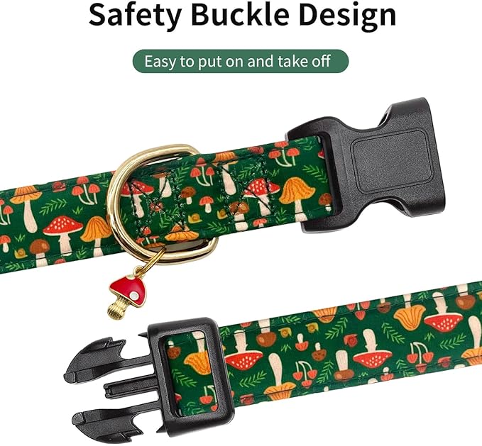 Fall Dog Collar,Soft and Cute Spring Cotton Puppy Collars with Mushroom Patterned Design for Girl Female Boy Dogs,Adjustable Buckle Pet Collar for Small Medium Large Dogs (Green Mushroom, L)