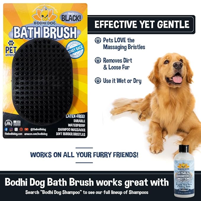 Bodhi Dog Shampoo Brush - Pet Grooming & Bath Supplies for Dogs and Cats - Bath Brush for Long & Short Hair - Premium Scrubber for Shower, Bathing & Massage (One Pack, Black)