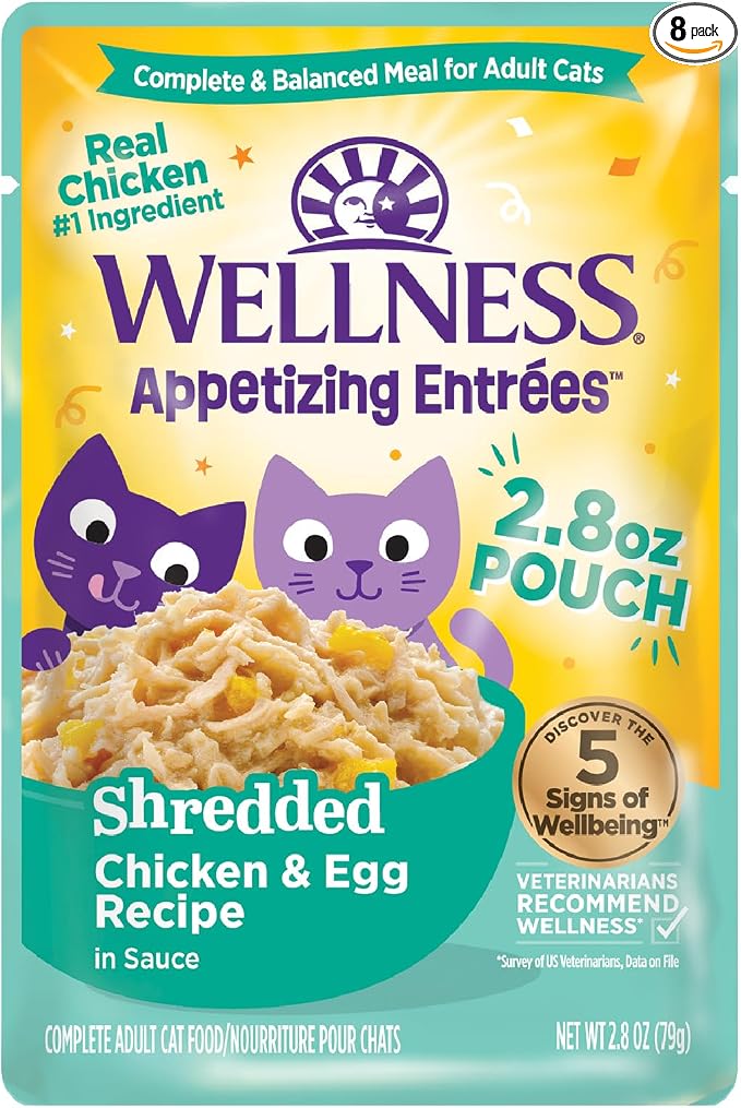 Wellness Appetizing Shredded Flaked Adult Wet Cat Food, Natural, Protein Rich, Grain Free, Chicken and Egg Recipe, 2.8 oz, Pack of 8 Pouches