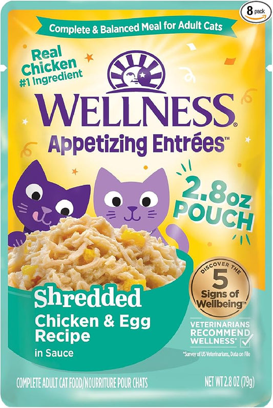 Wellness Appetizing Shredded Flaked Adult Wet Cat Food, Natural, Protein Rich, Grain Free, Chicken and Egg Recipe, 2.8 oz, Pack of 8 Pouches