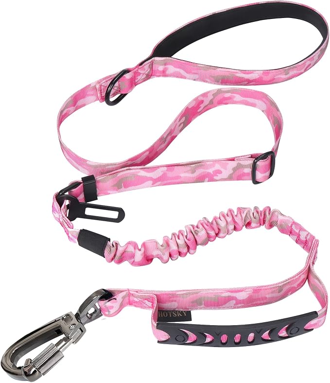 Hotsky Tactical Dog Leash Heavy Duty for Medium Large Dogs that Pull,4-6Ft Strong Bungee Shock Absorbing No Pull Dog Leash with Padded Double Handle and Car Seatbelt,Pink Camo