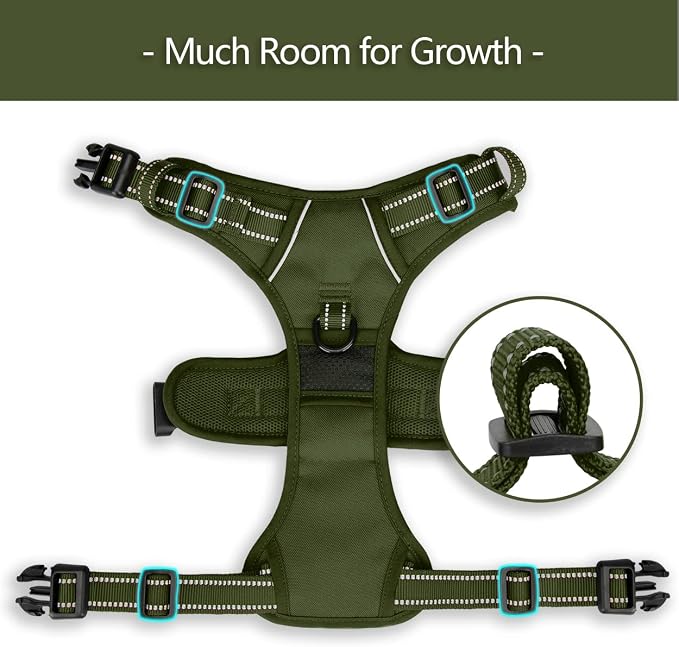 PoyPet No Pull Dog Harness, No Choke Reflective Dog Vest, Adjustable Pet Harnesses with Easy Control Padded Handle for Small Medium Large Dogs(Military Green,L)