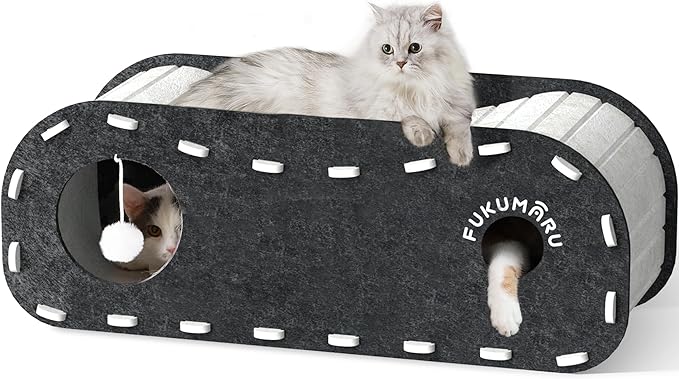 FUKUMARU Cat Beds for Indoor Pets 31.5 Inch, Extra Long Cozy Cat Bed Cave Tunnel for Multiple & Large Cats, Felt Kitten Hideaway House with Fluffy Ball, Scratch Resistant, Warm & Safe, Black