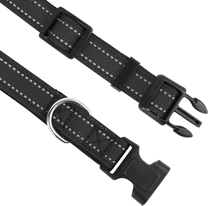 Reflective Dog Collar, Adjustable Soft Neoprene Padded Nylon Pet Collars with Buckle for Small Dogs, Black,S