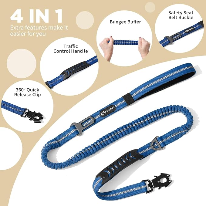 Heavy Duty Tactical Dog Leash, 4-6FT Shock Absorbing Bungee Lead with 2 Padded Handles, Metal Carabiner & Seatbelt Clip, Reflective No-Pull Leash for Medium/Large Dogs (Blue)