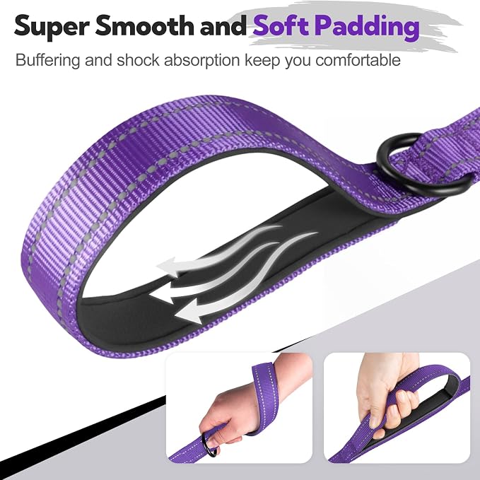 2-Handle Dog Leash Heavy Duty Traffic Control & Night Safety Reflective Lead for Small Mid Large Dogs, Comfort Padded Grip Dog Leashes for Walking and Training(6 FT x 1" Wide Purple+Black)