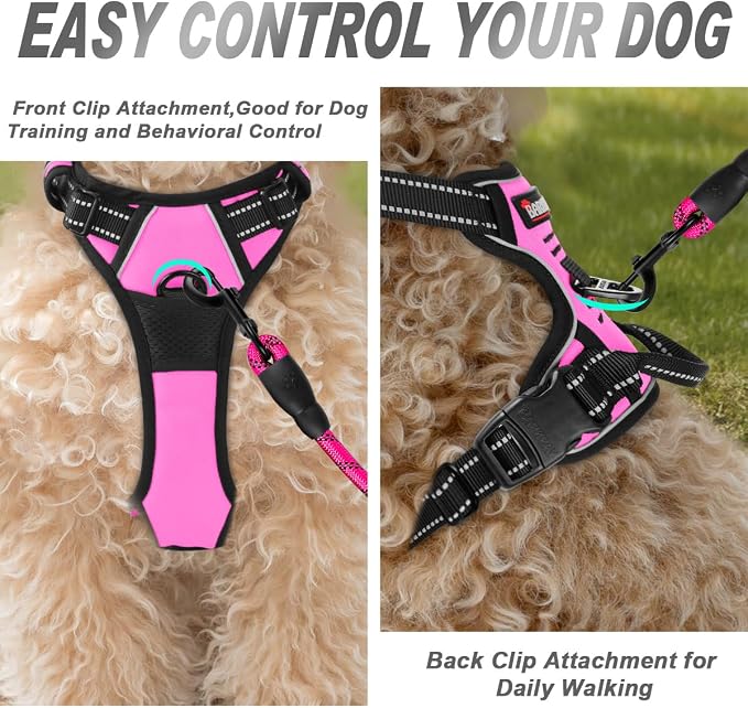 BARKBAY No Pull Dog Harness Front Clip Heavy Duty Reflective Easy Control Handle for Large Dog Walking(Pink,XS)