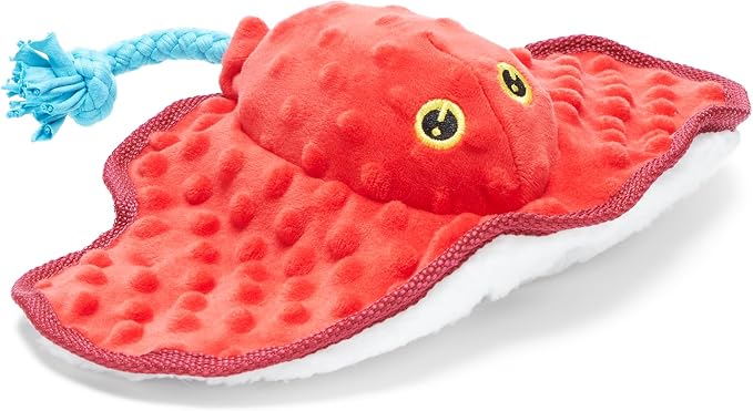 Barkbox Sting Crosby the Ray Dog Toy | Plush Stingray with T-Shirt Rope, Large Squeaker & Crinkle | Tug & Squeak Toy for Dogs