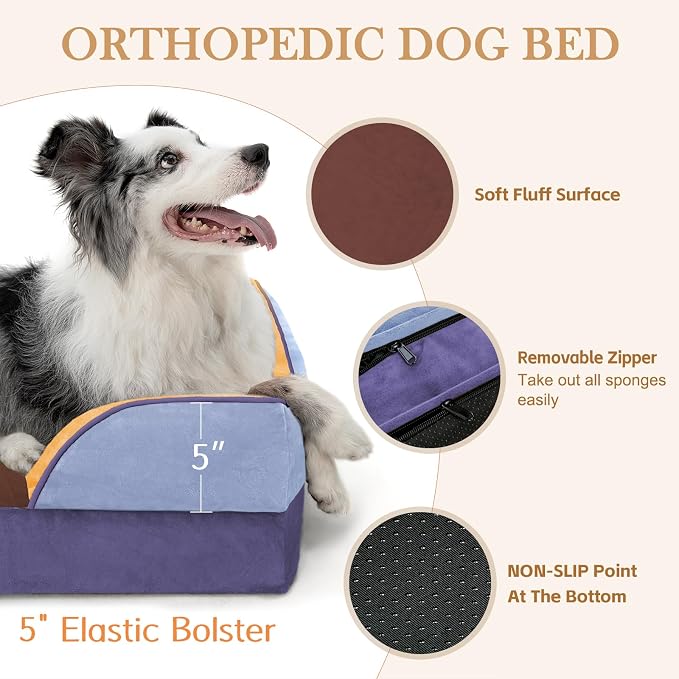 Comfort Expression Orthopedic Dog Bed for Extra Large Dogs 45x35 Inch, Waterproof Egg Crate Foam XL Pet Bed with Bolsters, Dog Couch with Washable Cover & Non-Slip Bottom, Honey Lavender