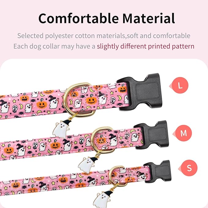 Personalized Dog Collars,Adjustable Puppy Collars with Safety Buckle for Small Medium Large Dogs,Cute and Unique Pink Cherry Pattern Pet Collar for Boy Girl Dogs. (Pink Ghost, Medium)