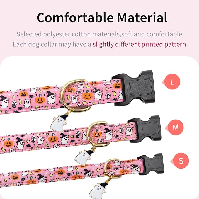 Personalized Dog Collars,Adjustable Puppy Collars with Safety Buckle for Small Medium Large Dogs,Cute and Unique Pink Cherry Pattern Pet Collar for Boy Girl Dogs. (Pink Ghost, S)