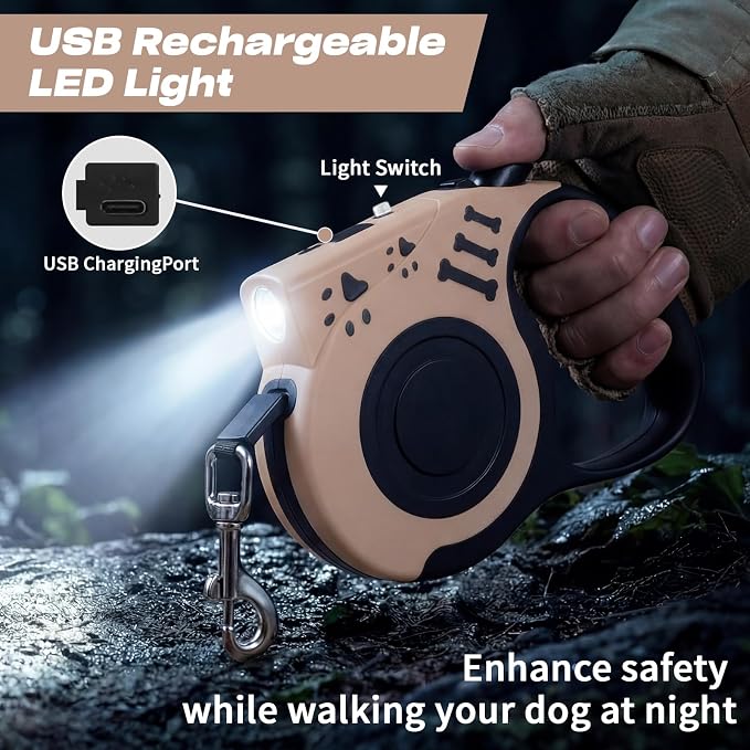 Retractable Dog Leash with USB Rechargeable Flashlight for Night Walks, 16FT Automatic Telescopic Tractor Dog Leash for Small and Medium Dogs, Beige