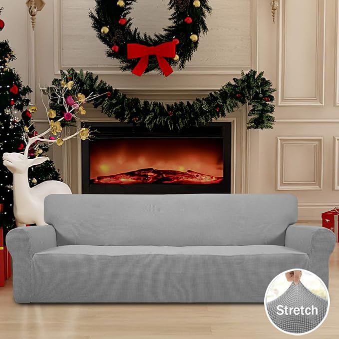 Easy-Going Stretch 4 Seater Sofa Slipcover 1-Piece Sofa Cover Furniture Protector Couch Soft with Elastic Bottom for Kids, Polyester Spandex Jacquard Fabric Small Checks Light Gray