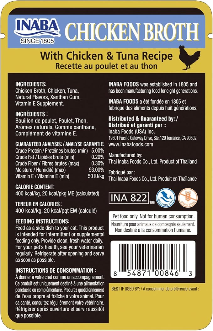 INABA Chicken Broth, Side Dish/Topper for Cats with Vitamin E, 1.76 Ounce Pouch, 8 Pouches Total, Chicken and Tuna Recipe