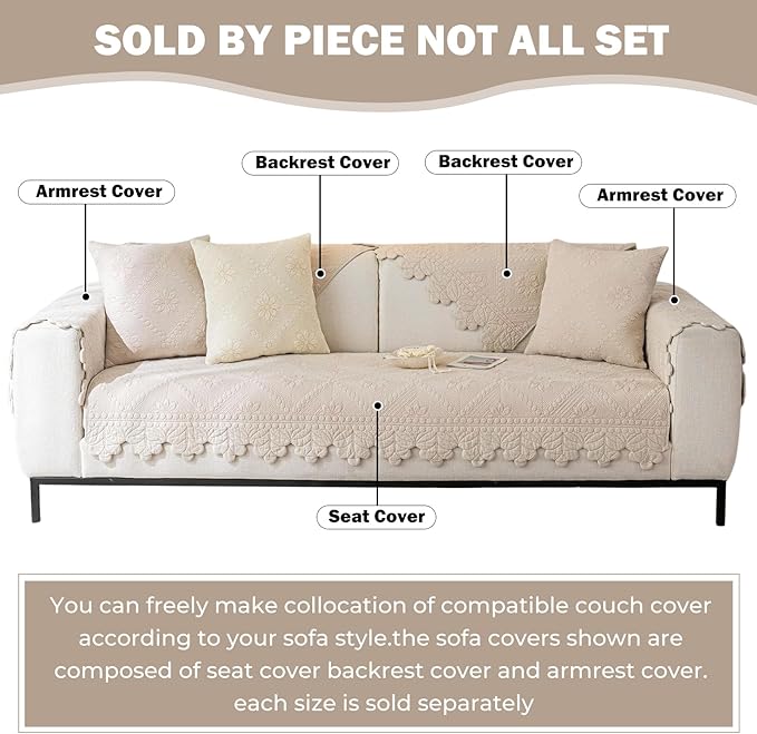Cotton Quilted Dog Couch Cover for Sofa Farmhouse Rustic Embroidery Sectional Couch Cover Soft Anti-Slip Sofa Slipcover Furniture Protector for Kids, Pets (Khaki,36"x63")