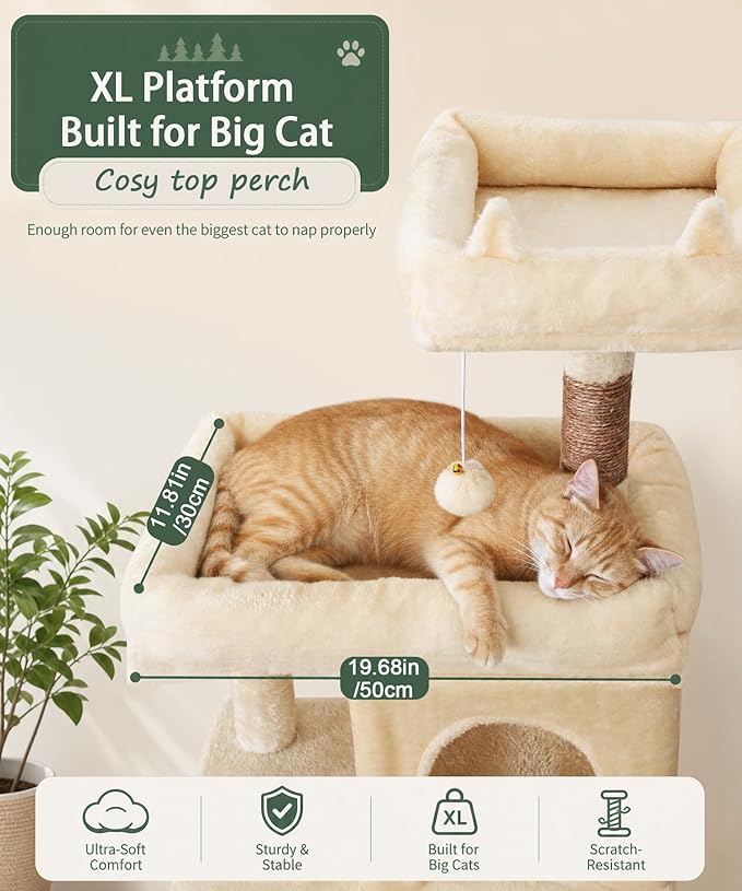 68 Inches Heavy Duty Cat Tree for Indoor Cat, Big Cat Tower with Sisal Scratching Posts and Top Perch, Large Platform for Adult Cats, PMT02BW, Beige