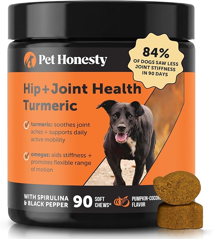 Turmeric Joint Supplement for Dogs - Glucosamine Chondroitin + Omega 3 Fish Oil - Advanced Mobility Support for Achey Joint, Ease Stiffness + Hip Support for Aging Dogs (Pumpkin Coconut, 90 Ct)