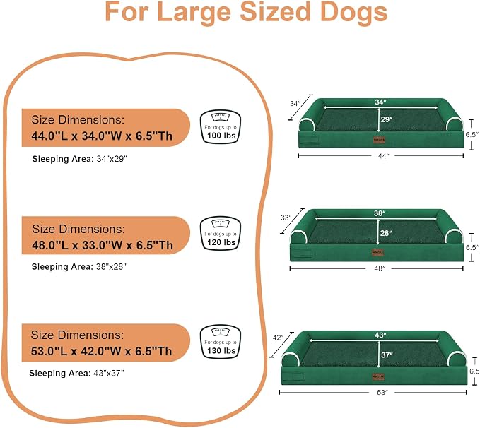 Large Dog Bed Orthopedic Washable: Jumbo Dog Bed Bolster Extra Large Dogs Egg Crate Foam Sofa Couch Waterproof Removable Cover - Emerald