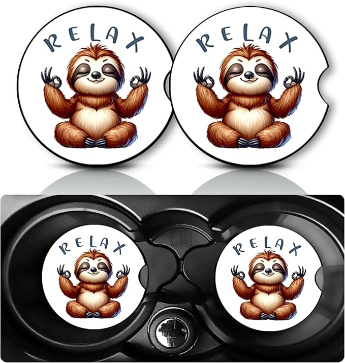 2Pack Sloth Car Cup Holder Coaster,Sloth Gifts for Women Men,Vehicle Interior Drink Mat Reusable Neoprene Car Coasters for Cup Holders Decor,Charming Sloths Automotive Interior Accessories