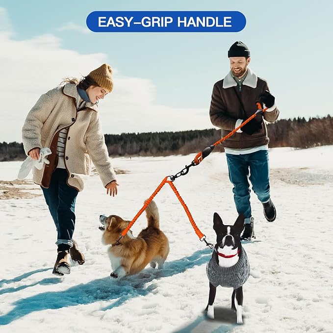 MingXpets Double Dog Leash, Dual Dog Leash, 360° Swivel Tangle Free Bungee Walking Training for Large Medium Dogs, Shock Absorbing Bungee Reflective for Two Dogs, 18~120 lbs, Orange