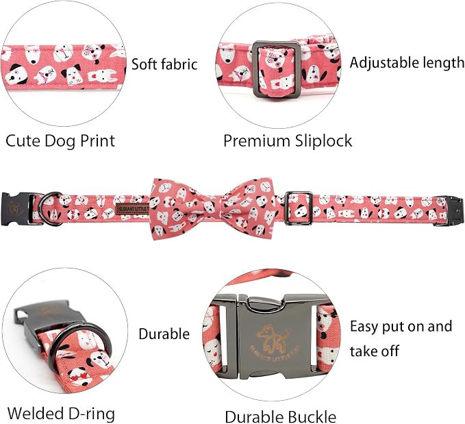 Elegant Little Tail Pink Heart Print Dog Collar - Adjustable Bowtie Collar for X-Small Dogs