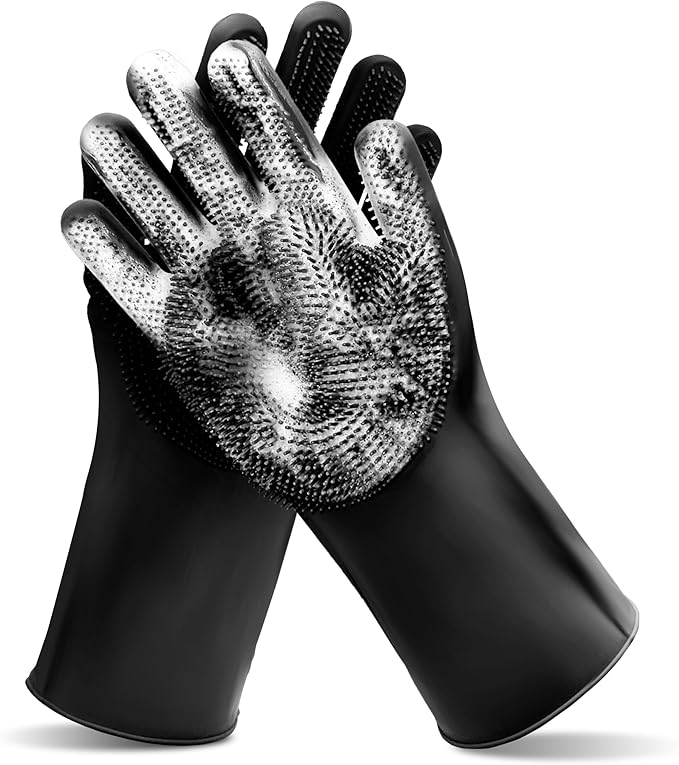 Pet Grooming Gloves—Dog Washing Gloves with High-Density Teeth, Dog Bath Scrubber with Enhanced Five Finger Design, Silicone Gloves for Dogs and Cats Bathing, Massage (Dark)