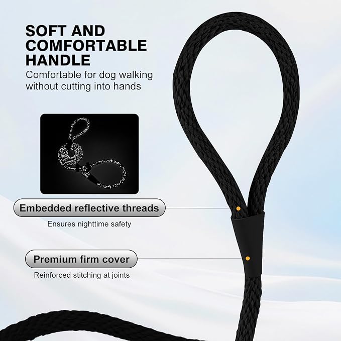 Lynxking Dog Leash Slip Lead Reflective Breathable Rope Comfortable Strong No Pull Slip On Pet Training Lead for Dogs (Black, Small 3/8 inch x 6ft)