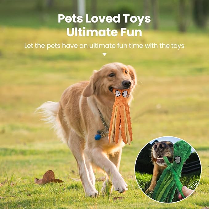 HGB Squeaky Dog Toys - 2 Pack No Stuffing Octopus Crinkle Plush Chew Toys for Puppies Small Medium Large Dogs, Interactive Tug Toys to Keep Dogs Busy