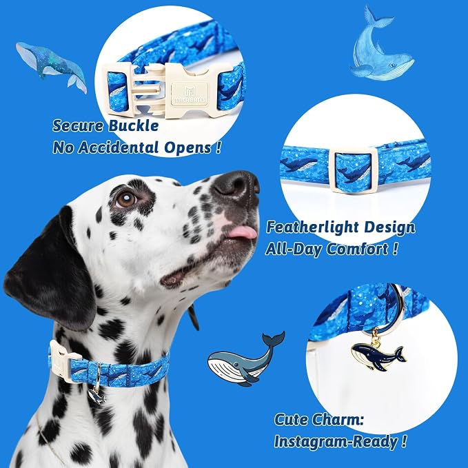 Maca Bates Summer Beach Dog Collar with Whale Charm for Medium Girl Boy Dogs,Blue Ocean Whale Pattern,Adjustable Durable Soft Comfortable Nautical Dog Collar for Male Female Puppy
