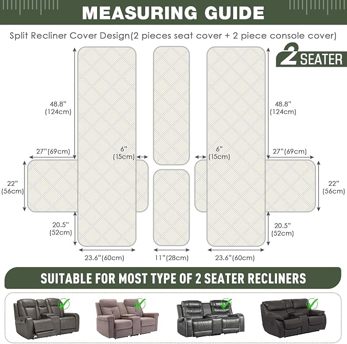 TAOCOCO Waterproof Loveseat Recliner Cover with Console, Non-Slip Reclining Loveseat with Console Cover with Pocket, Split Recliner Sofa Covers Furniture Protector for Pets Dogs(2 Seater, Bean Green)