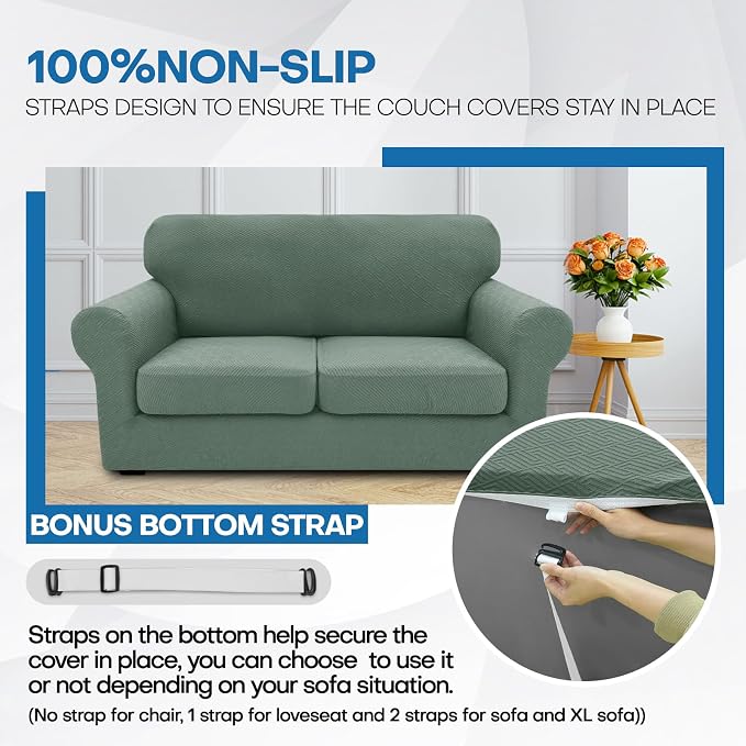 XINEAGE New 3 Pieces Couch Covers for 2 Cushion Sofa Super Stretch Loveseat Slipcover Pet Dog Universal Slip Cover Anti Slip Love Seat Furniture Protector (Pea Green, 55"-69")