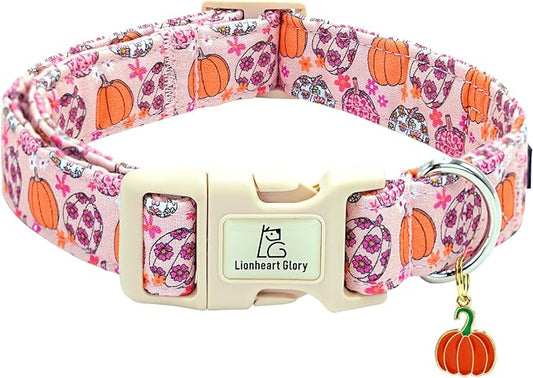 Lionheart glory Halloween Dog Collar-Pumpkin Floral Fall Pink Dog Collars with Cute Ghost Pendant Soft Adjustable Collar for Small Dogs Female Male Collars Party Pet Gift