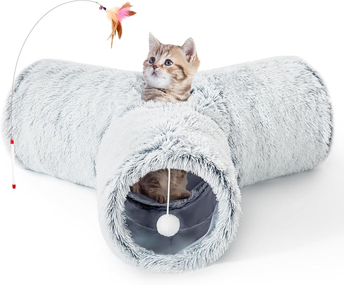 Tempcore Plush Cat Tunnel for Indoor Cats, 3 Way Collapsible Pet Play Tunnel with Teaser Wand, Peek Holes & Hanging Ball, Interactive Tube for Kittens & Rabbits, Light Grey
