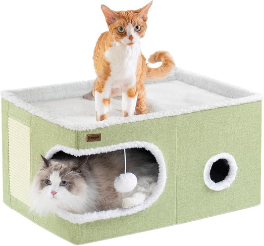 Garnpet Cat Bed for Indoor Cats Cube House, Covered Cat Cave Beds & Furniture with Scratch Pad and Hideaway Tent, Cute Modern Cat Condo for Multi Small Pet Large Kitten Kitty, Large, Green