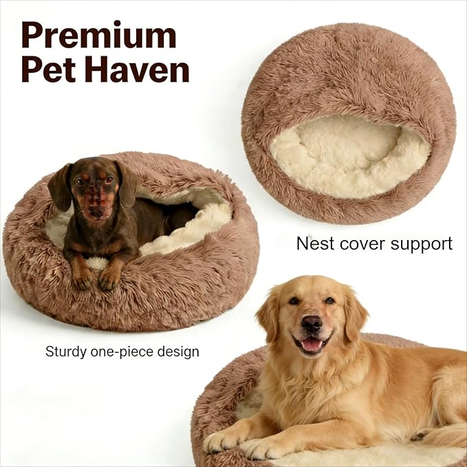 Hooded Donut Dog Bed with Cover, Calming Anti-Anxiety Dog Cave Bed for Small Medium Dogs, Plush Fluffy Burrowing Pet Bed with Waterproof Non-Slip Bottom (Brown,XL-40”)