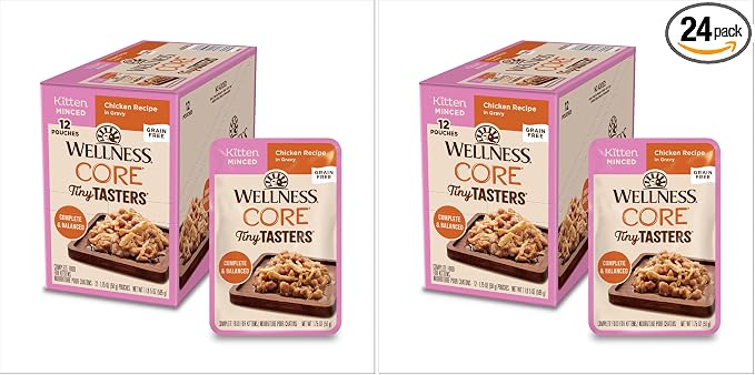 Wellness CORE Tiny Tasters Minced Kitten Wet Cat Food,Natural,Protein-Rich,Grain Free,1.75-Ounce Pouch,(Chicken),(Pack of 24)