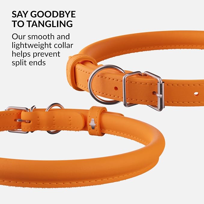 CollarDirect Rolled Leather Dog Collar, Soft Padded Round Puppy Collar, Handmade Genuine Leather Collar Dog Small Large Cat Collars 13 Colors (6 Inch, Orange Smooth)
