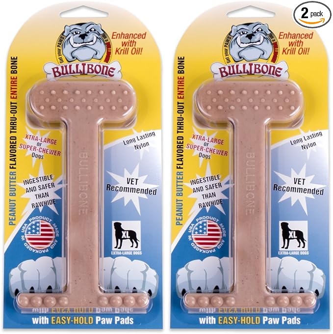 Bullibone Nylon Dog Chew Toy for Aggressive Chewers - Dental Hygiene Bone with Peanut Butter Flavor, Durable Tough Chew Toys for Extra Large Dogs, Indestructible Dog Bone - 2 Pack