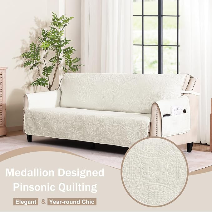 Ivory White Loveseat Couch Cover 2 Cushion Sofa, Water-Repellent Sofa Slipcover for Couch, Machine Washable Love Seat Quilted Couch Covers, Loveseat Slipcovers (Loveseat 56", Ivory White)