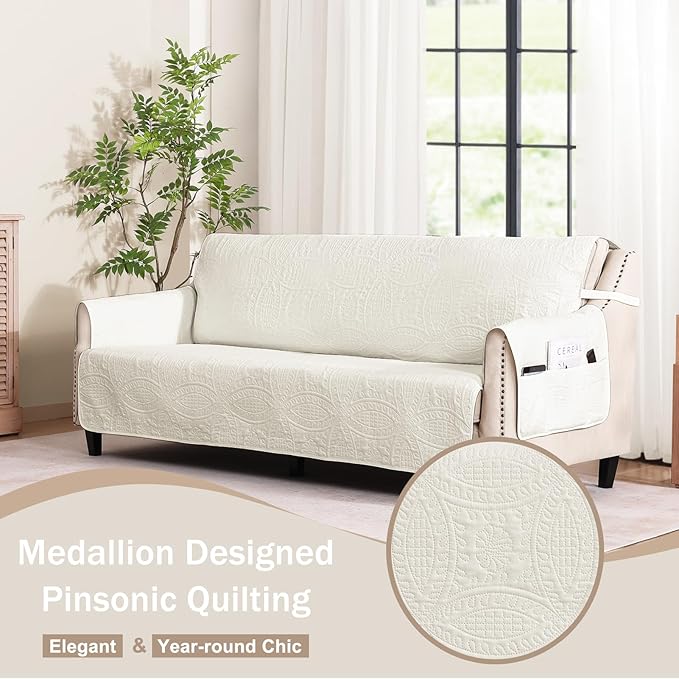 Quilted Sofa Slipcovers with Pockets, Anti-Slip Medallion Designed Couch Covers for 3 Cushion Sofa, Couch Cover for Dogs Cats Water-Repellent Machine Washable (Large Sofa 68", Ivory White)