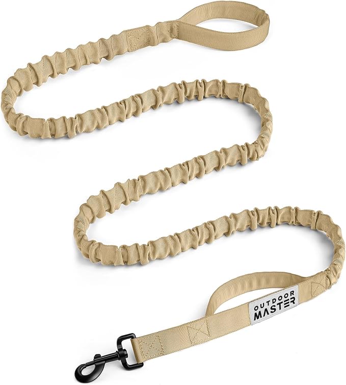 OutdoorMaster Bungee Dog Leash, Heavy Duty Dog Leash with Shock Absorption, 2 Padded Handles Training Leash, 1 Seat Belt Clip, Improved Dog Safety and Comfort -(Khaki, 6 FT)