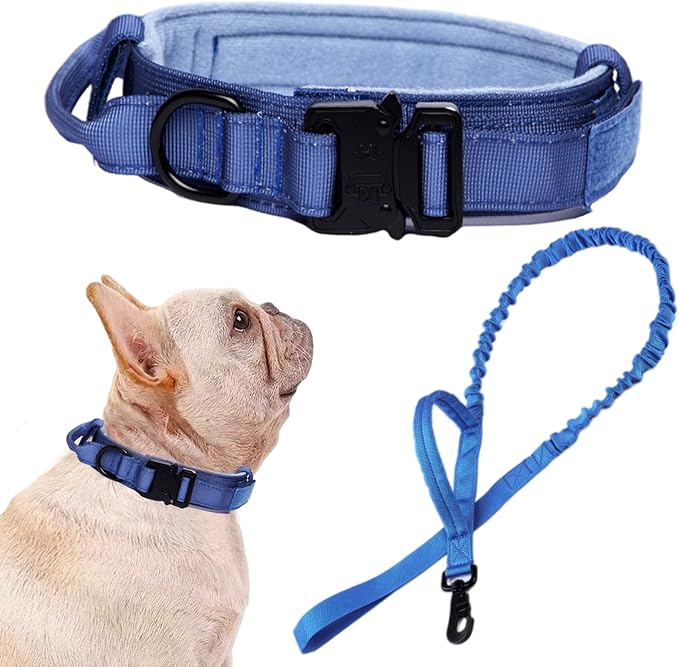 Tactical Dog Collar and Leash Set Adjustable Military Nylon Dog Collar with Control Handle and Heavy Duty Metal Buckle for Large Dogs（Dark Blue S
