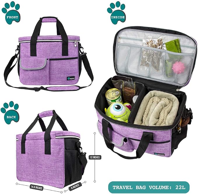 PetAmi Dog Travel Bag Organizer, Pet Travel Kit with 2 Food Containers & 2 Collapsible Dog Bowls, Pet Supplies Tote with Luggage Sleeve, Weekend Road Trip Camping Essentials, Purple, Medium