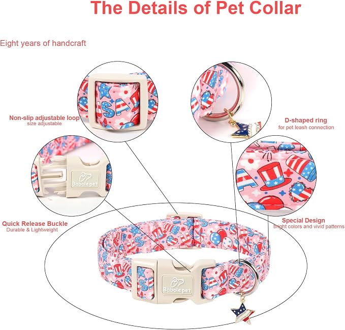 4th of July Dog Collar, Cute Pink Patriotic Dog Collars for Medium Dogs - Independence Day Girly Pup Collars, Soft Adjustable Flag Day Female Dog Collar M