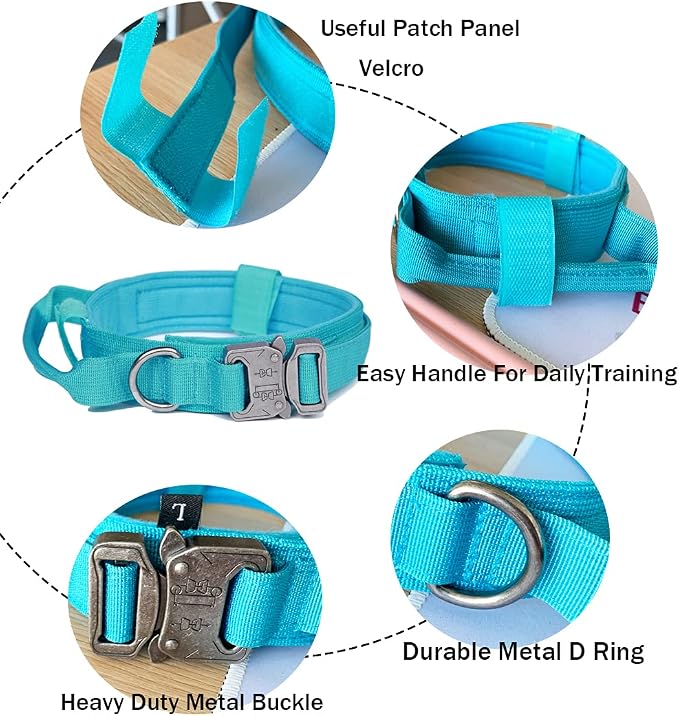 Tactical Dog Collar Adjustable Military Nylon Dog Collar with Control Handle and Heavy Duty Metal Buckle for Medium and Large Dogs (Blue,M)