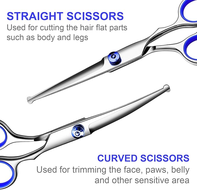 TINMARDA Dog Grooming Kit, Professional Stainless Steel Dog Grooming Scissors with Curved Shears, Blue Finger Rings - 4 Piece Sharp Durable Pet Shears for Dogs Cats At Home Salon-Quality Grooming