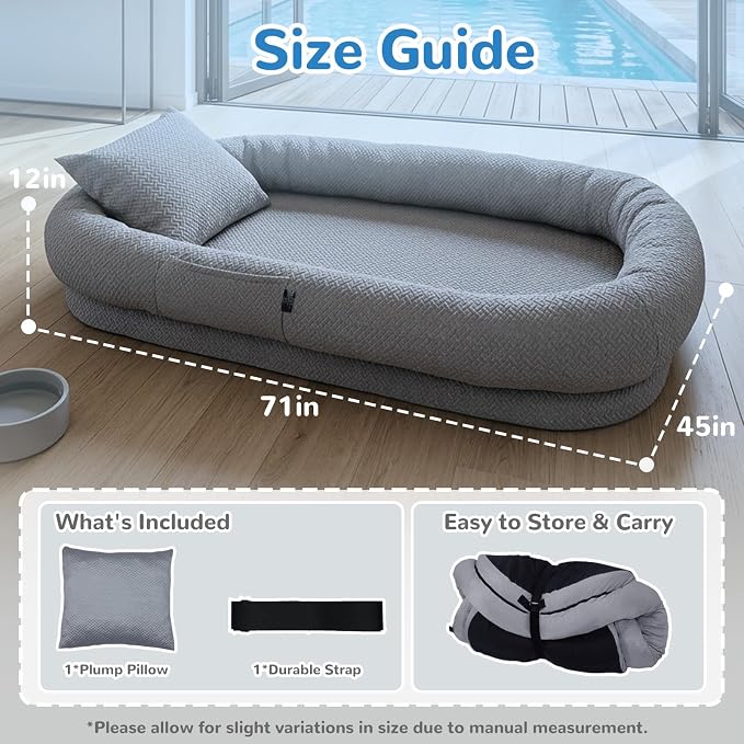 YAEM Cooling Human Dog Bed, 71"x45"x12" Breathable Human Size Dog Bed for Adults, Waterproof Giant Pet Beds with Washable Cover & Non-Skid Bottom, Glacier Grey