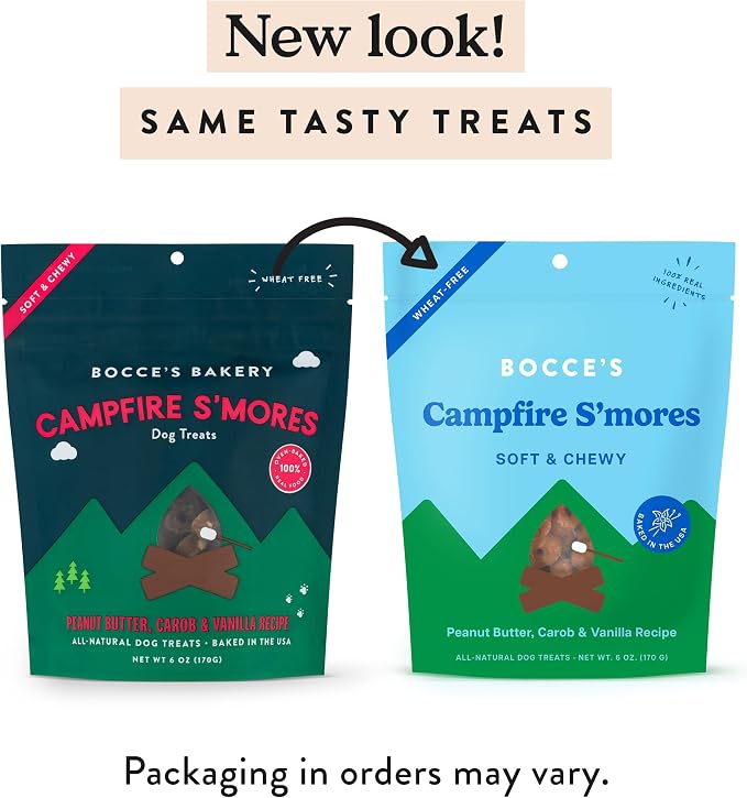 Bocce's Bakery Campfire S'Mores Treats for Dogs, Wheat-Free Everyday Dog Treats, Made with Real Ingredients, Baked in The USA, Natural Soft & Chewy Cookies, Peanut Butter, Carob, & Vanilla, 6 oz